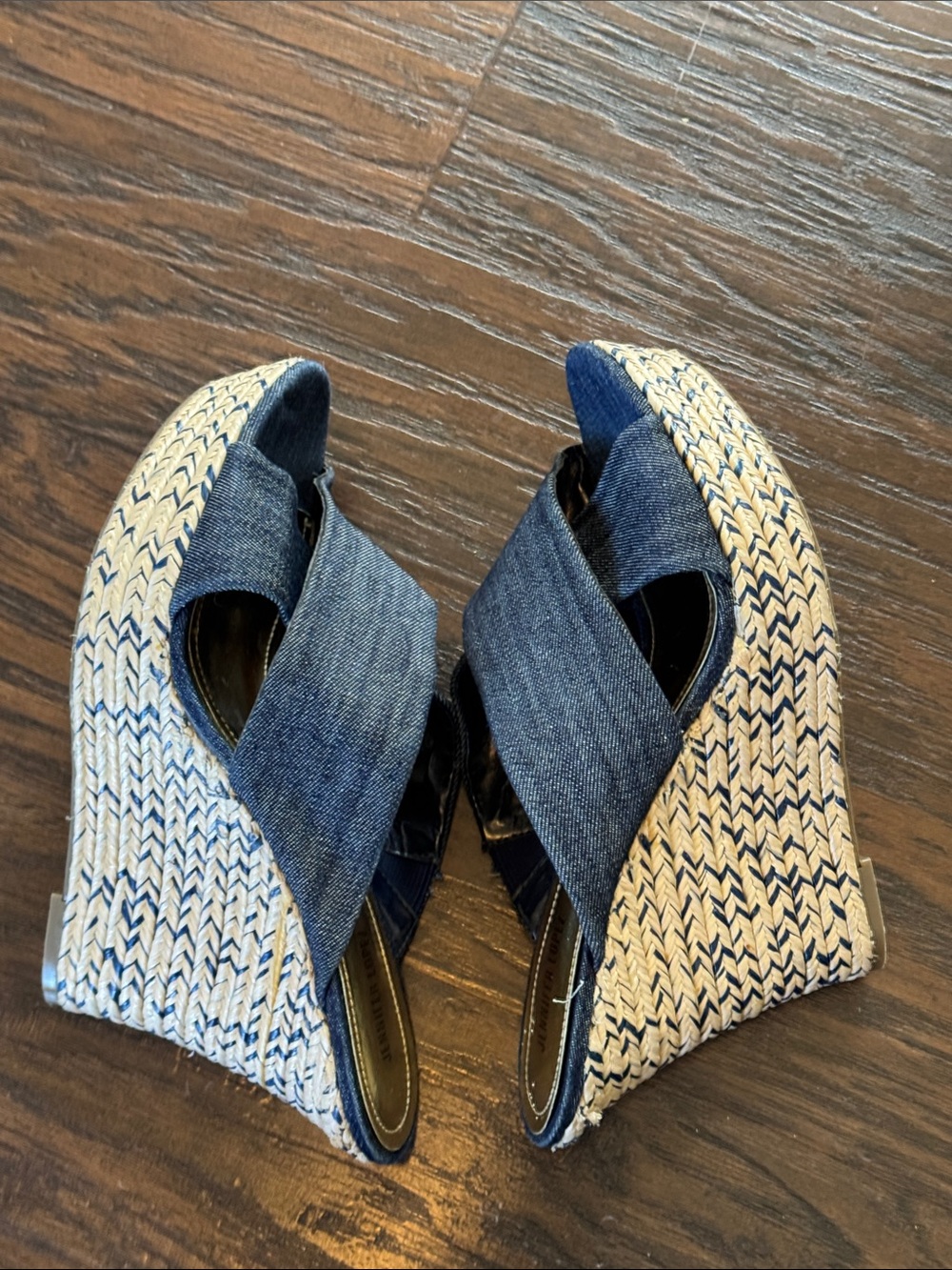 Jennifer Lopez Navy Denim Crisscross Espadrille Wedge Mules - Picture 7 of 10